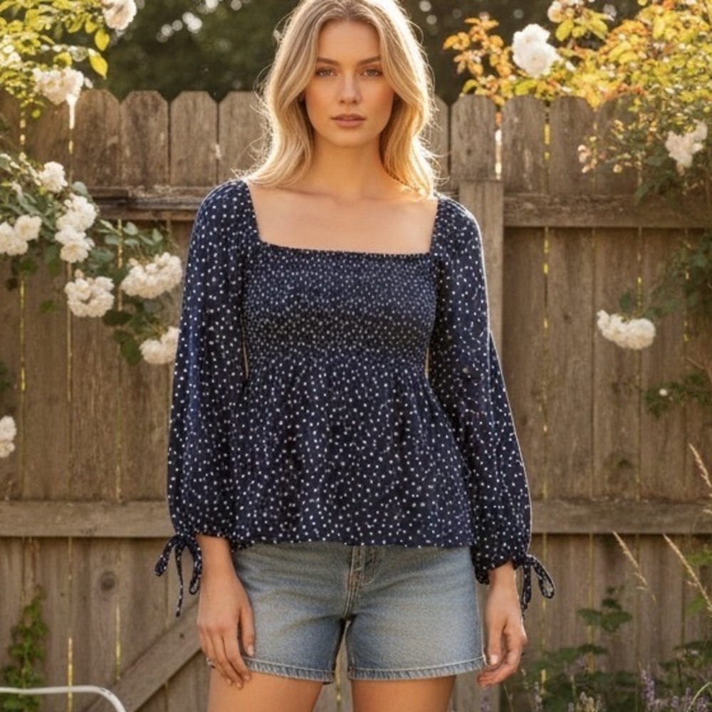 Living‎ Doll Navy Blue Polka Dot Smocked Peplum Top Square Neck Tie Cuff Small